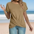 thumbnail image 2 of Fanxing Women's Front Twist Tunic Tops Petal Short Sleeve Round Neck T Shirt Casual Loose Fitted Summer Top Khaki,XXL, 2 of 8