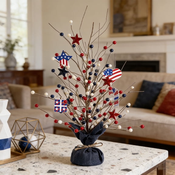 4th of July Patriotic Tabletop Tree Decor Red White Blue Berry Picks with Star Ornaments Independence Day Desktop Centerpiece for Home Patriotic Decorations