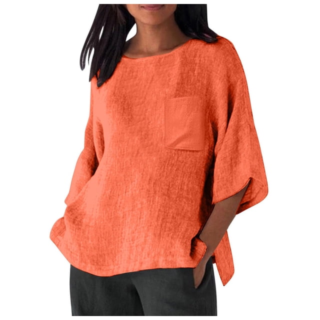 Hauts d'Été pour Femmes Élégants avec Manches 3/4 et Col Rond en Chemises Unies Confortables pour Femmes Orange P