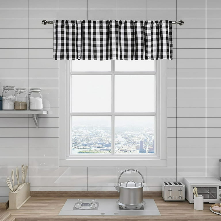Bohogeo Black And White Buffalo Plaid Kitchen Curtain Valance Gingham Tie Up Straight Cafe Window Treatment 56 X 18 1 Panel Com