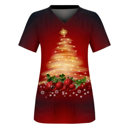 

Women Scrub_Top Working Uniform Blouse Short Sleeve V-Neck Workwear T-Shirt with Pocket Comfy Tops L