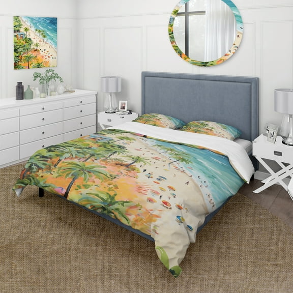 Designart "Coastal Beach Scene Paradise in Pastel Colors I" Coastal Beach Bedding Covert Set - Beach Green Coastal Bed Set With 2 Shams
