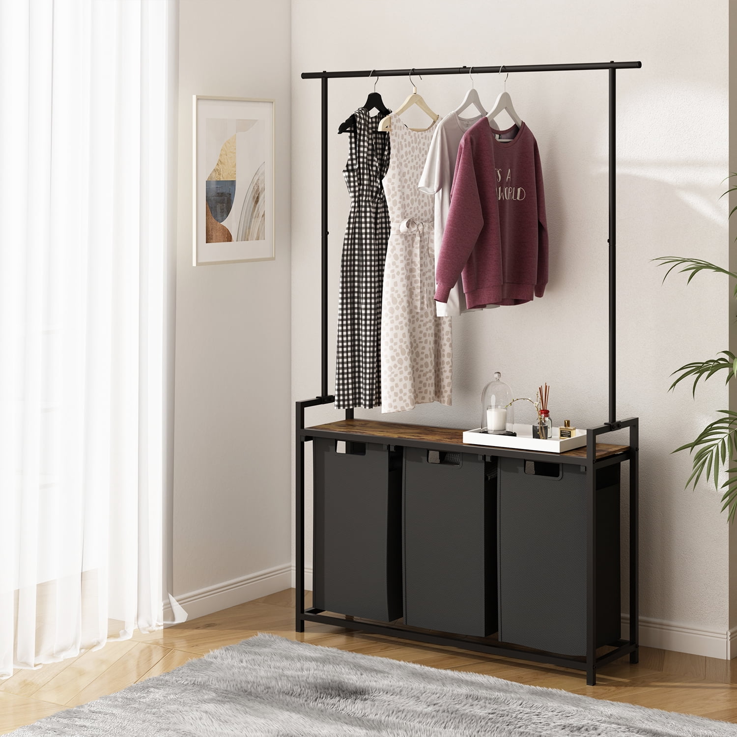LENLN Large Laundry Hamper with Clothes Rack Hanging Bar, 3 Section Pull-Out & Removable Sorter Bags, Freestanding Laundry Basket Organizer for Bathroom
