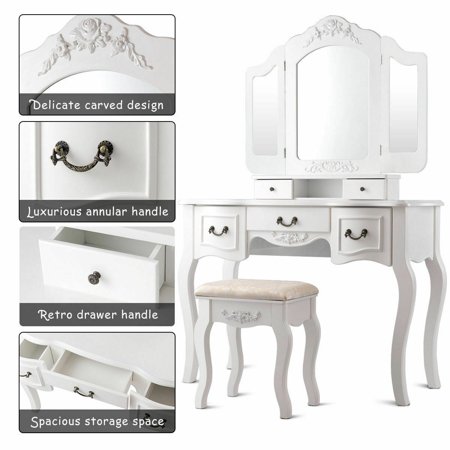 Costway Tri Folding Makeup Dressing Table Vanity Set 5 ...