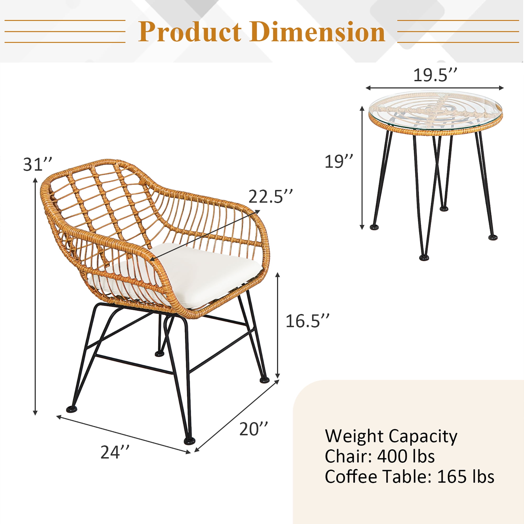 Costway 3PCS Patio Rattan Bistro Furniture Set Cushioned Chair Table White