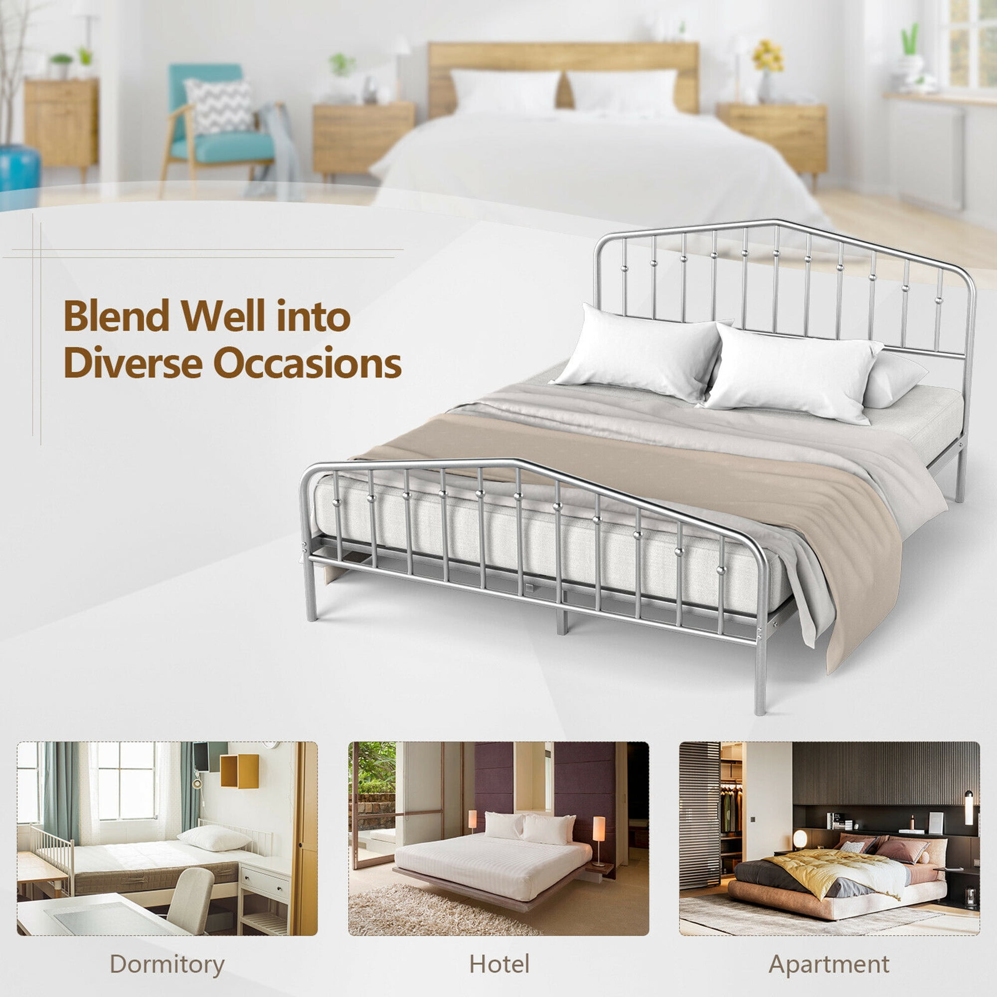 Gymax Queen Size Metal Bed Frame Platform Headboard & Footboard W/Storage Sliver