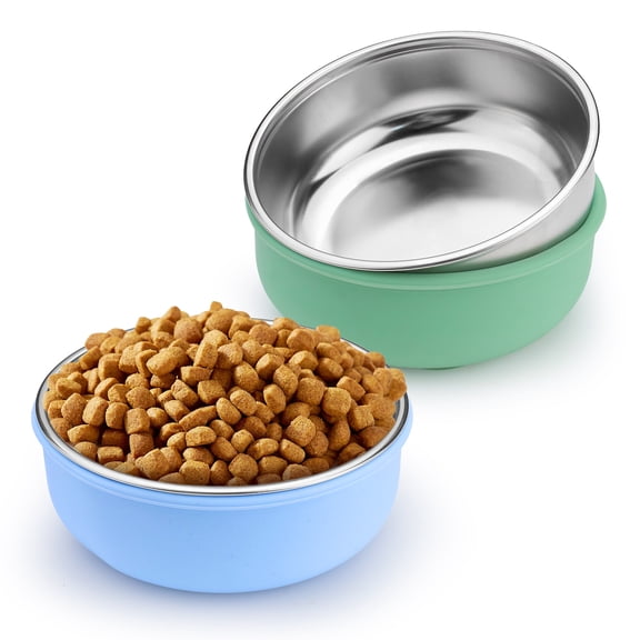 Sekonow 2 Pack Stainless Steel Cat Bowls with Removable Silicone Shell with Suction Cup, Non-Slip 13.5oz Cat Food and Water Dish Set for Indoor/Outdoor Cats, Kitten