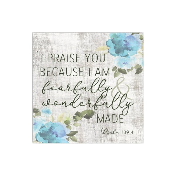 Fearfully Wonderfully Made Grey Floral 12 x 12 Wood Wall Sign Plaque