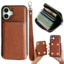 Dteck for iPhone 16 Case Detachable Wallet Case with 11-Card Holder, 2 in 1 PU Leather Zipper Purse with Wristlet for Women Men, Durable Shockproof Phone Cover for iPhone 16,Brown