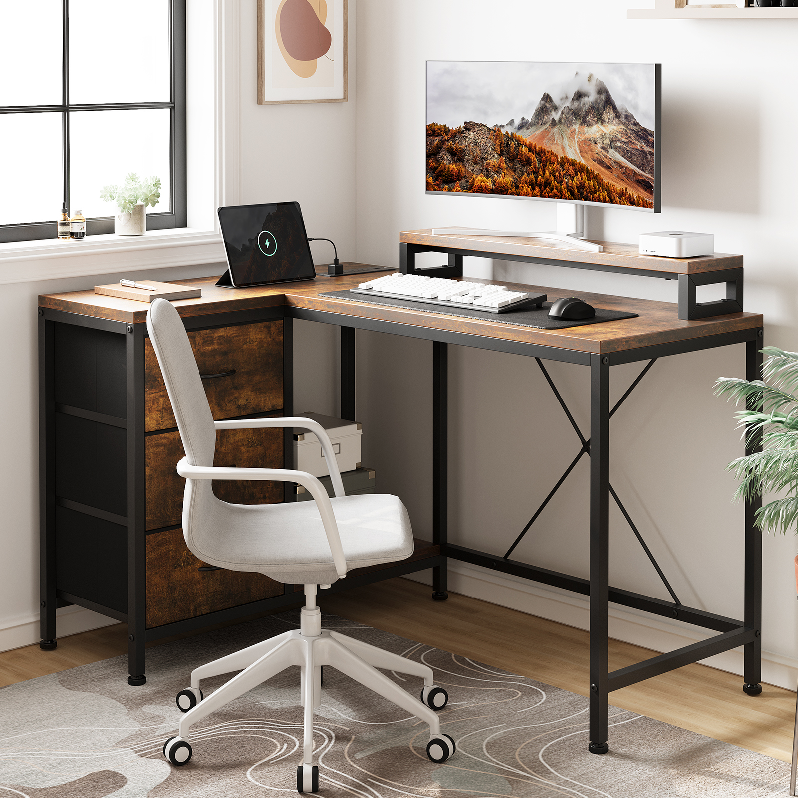 43 Inch Computer Desk With Drawers, L Shaped Desk with Power Outlets and Led Lights, Gaming Desk with Shelves and Monitor Stand