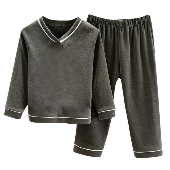 Lovskoo 1.5-10Y Toddler Baby Kids Boys Girls Winter Pajamas Solid Color Long Sleeved Thickening Home Wear Clothes Suit Loungewear Set Dark Gray