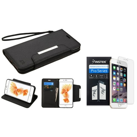 Leather Shield Protector Case Insten Black Wallet Leather Stand Case with Lanyard for Apple iPhone 8 Plus / iPhone 7 Plus (+ Ultra Clear HD Screen Protector) ()