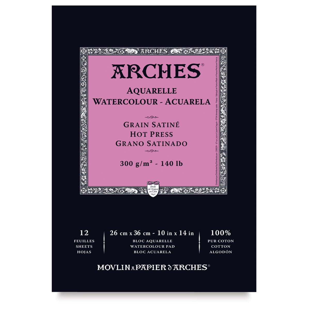 ARCHES® Aquarelle Watercolor Paper Pad, Hot Press, Natural White, 140 lb (300 gsm), Glue Binding, 12 Sheet, 10x14 in, 1 Count