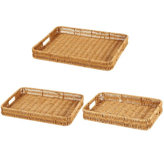 Asoricing 3-Piece Wicker Serving Trays with Handles, Rectangular Rattan Storage Baskets Set for Fruit, Bread, Snacks and Home Decor, Large to Small