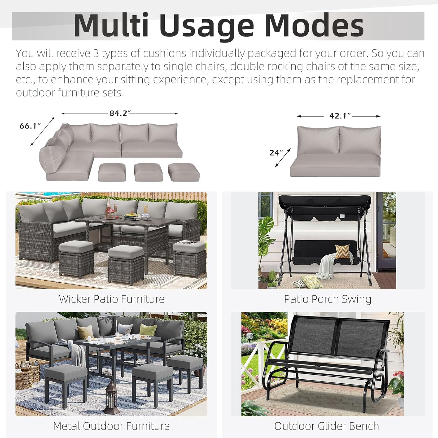 AECOJOY Outdoor Cushions, 4 inch Patio Cushions for Outdoor Furniture, Replacement Cushions Fits 7-Seats Sectional Rattan Conversation Set, Splashproof, Memory Foam Cushions and Covers in Light Grey