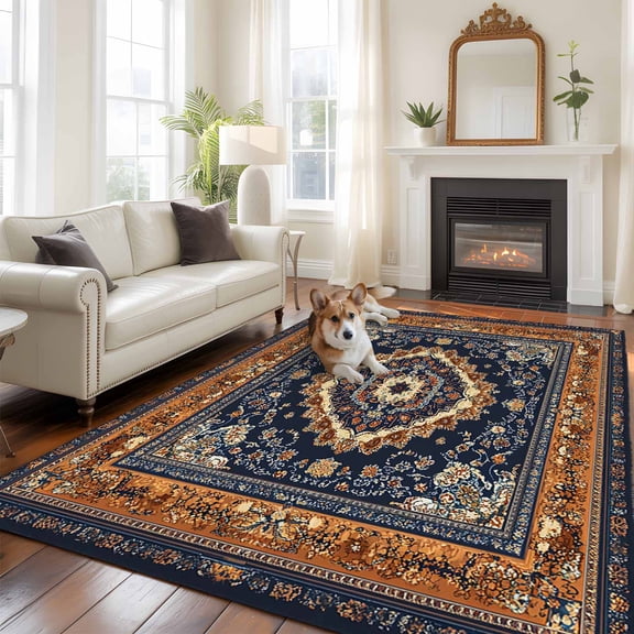 6'x9' Area Rugs, Blue Burnt Orange Boho Indoor Outdoor Area Rug for Living Room Bedroom, Antique Southwestern Tribal Washable Bathroom Rugs Kitchen Floor Carpet Mats Home Decor Aesthetic