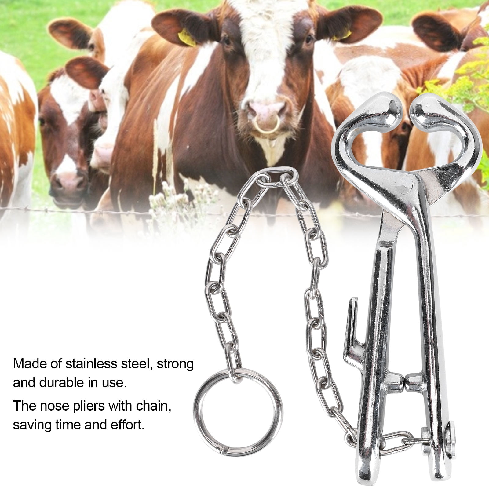 Cow Nose Pliers Stainless Steel Cattle Ring with Chain Cattles Traction Clamp