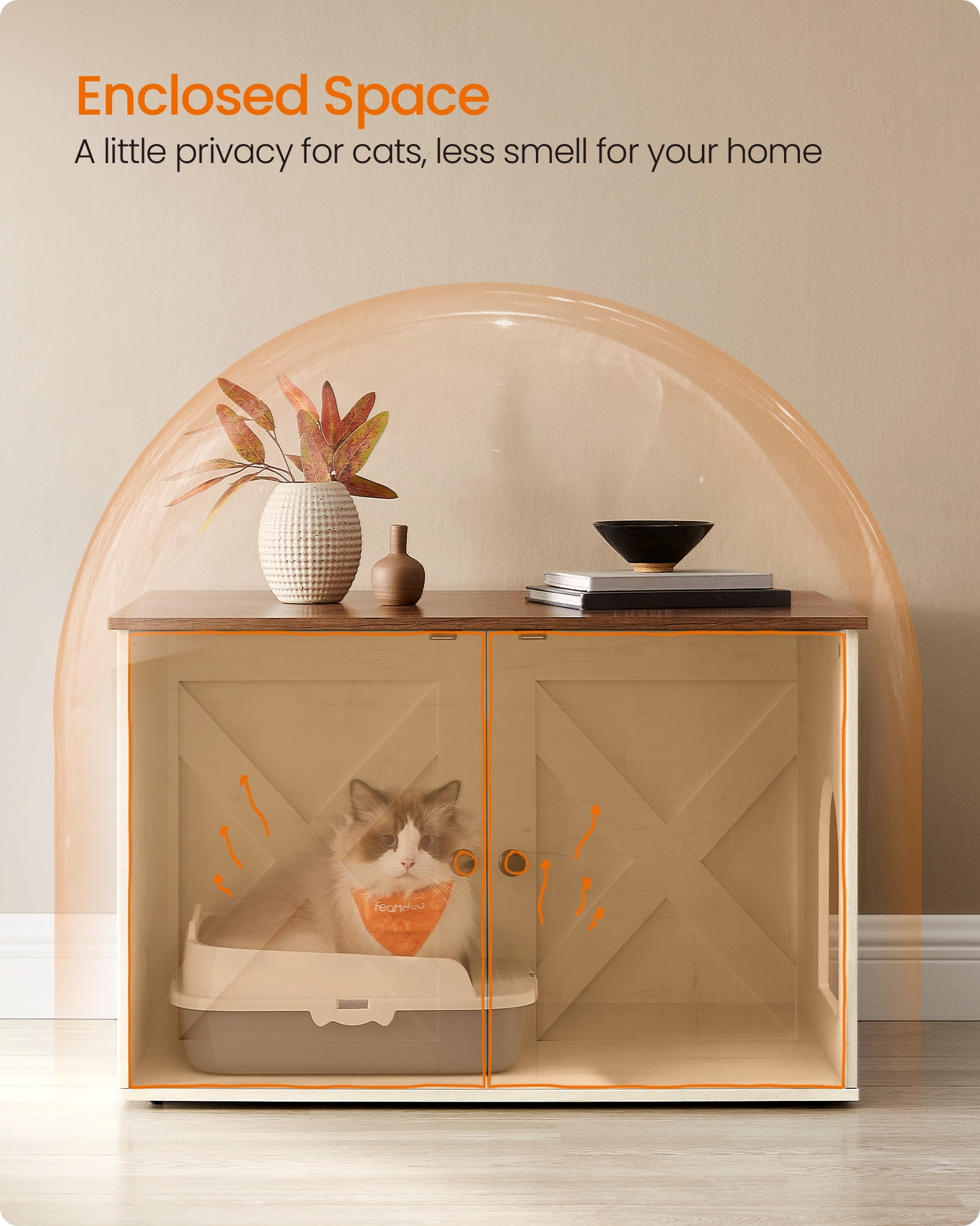 Feandrea Cat Litter Box Enclosure, Litter Box Furniture Hidden, Indoor Cat House, End Table, 27.6 x 19.7 x 19.7 Inches, Rustic White and Honey Brown