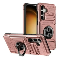 Armor Case for Samsung S24 with Hidden Credit Card Slot Ring Stand [360° Rotatable Ring Holder Magnetic Kickstand][Support Car Mount]Shockproof Phone Case For Samsung Galaxy S24, Rosegold