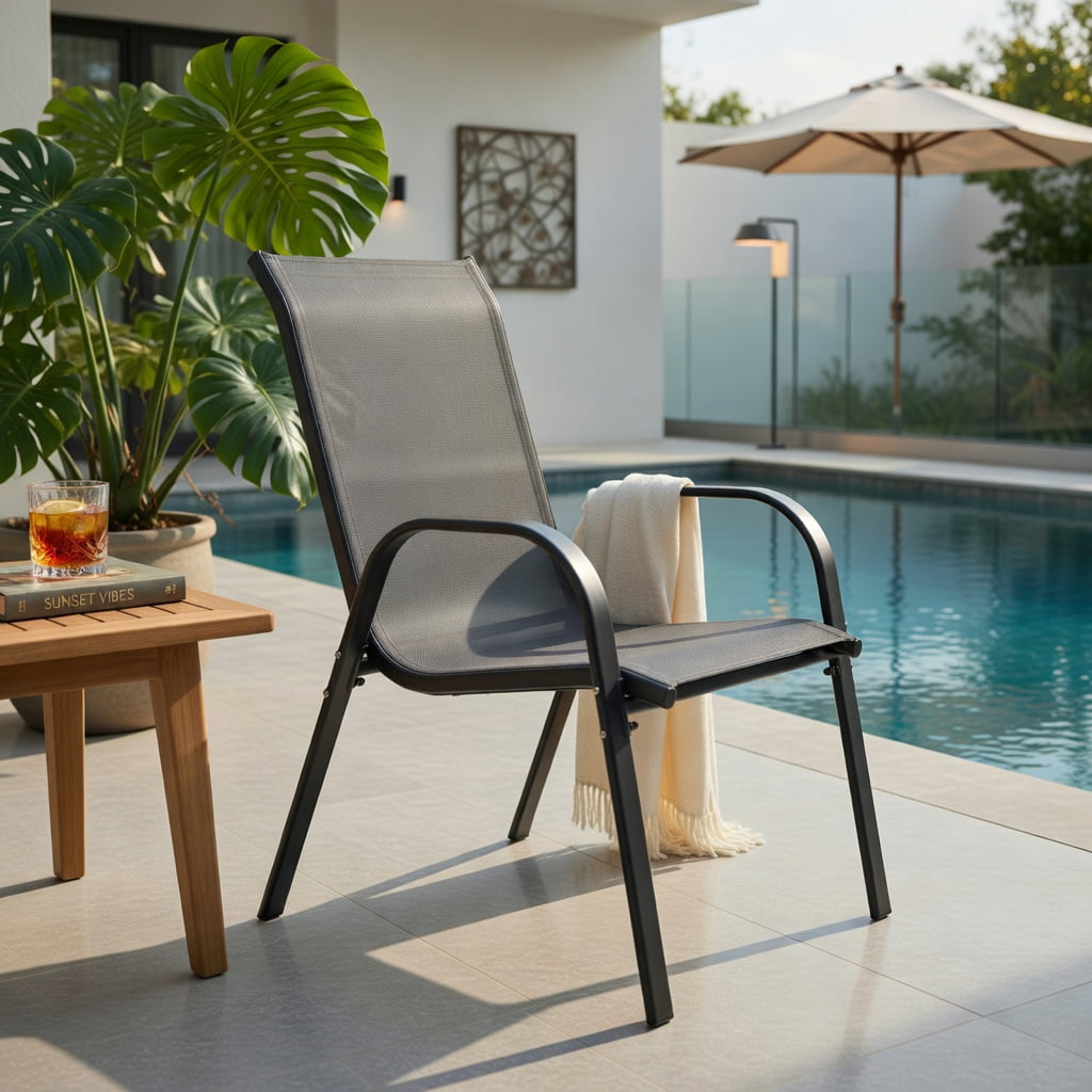 Hommoo 4-Pack Stackable Outdoor Dining Chairs with Ergonomic Armrests, Heavy-Duty Steel Construction for Patio & Deck, Gray