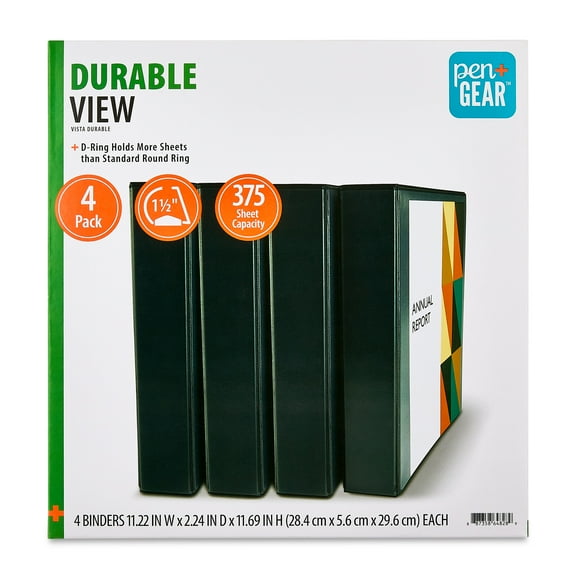 Pen+Gear 1.5-inch D-Ring Binders, Durable View, 4 Count, Black