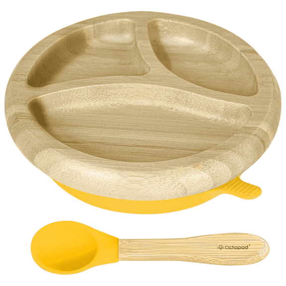 Abiie Octopod Bamboo Dish - Kids Plates for 4 months and up, 3-Compartment Baby Plates with Suction, Round Bamboo Baby Plate, Mess-Free Toddler Suction Plates, Baby Feeding Supplies (Yellow)
