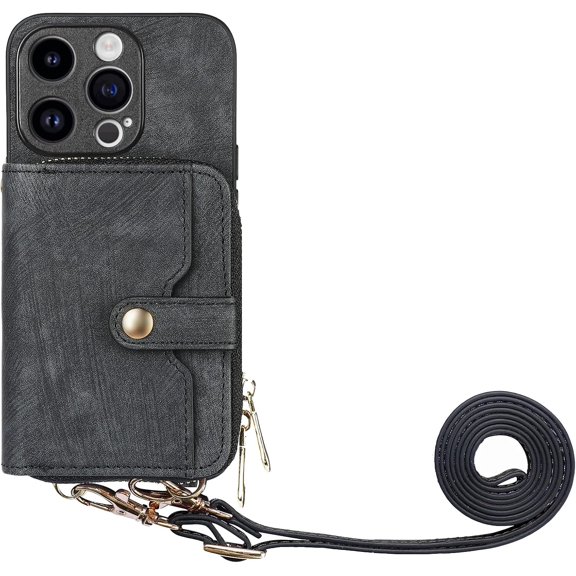 THikk Case for iPhone 15 Pro Max 14 Plus 13 Pro 12 11 Crossbody Lanyard Case Vintage PU Leather Zipper Wallet Case Flip Stand Protective Phone Cover,for iPhone13Pro Max,Brown