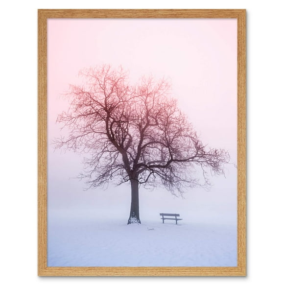 Wee Blue Coo Winter Landscape Snow Tree Foggy Sunrise Art Print Framed Wall Decor 9X7 Inch