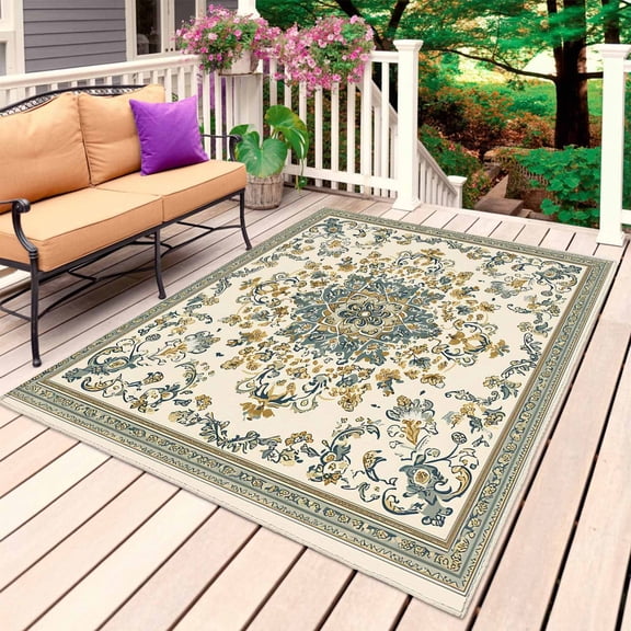 Sage Green Boho Outdoor Rug 5x7 Ft, Non Slip Washable Area Rug, Geometric Ethnic Southwestern Patio Rugs Carpet Runner, Large Floor Mat for Indoor/Outdoor Deck Porch Camping