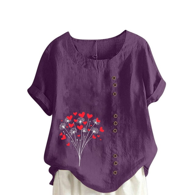 Vestidos Casuales Para Mujer, Blusas De Mujer De Moda Blusa informal de lino con cuello redondo, manga corta y botones para mujer