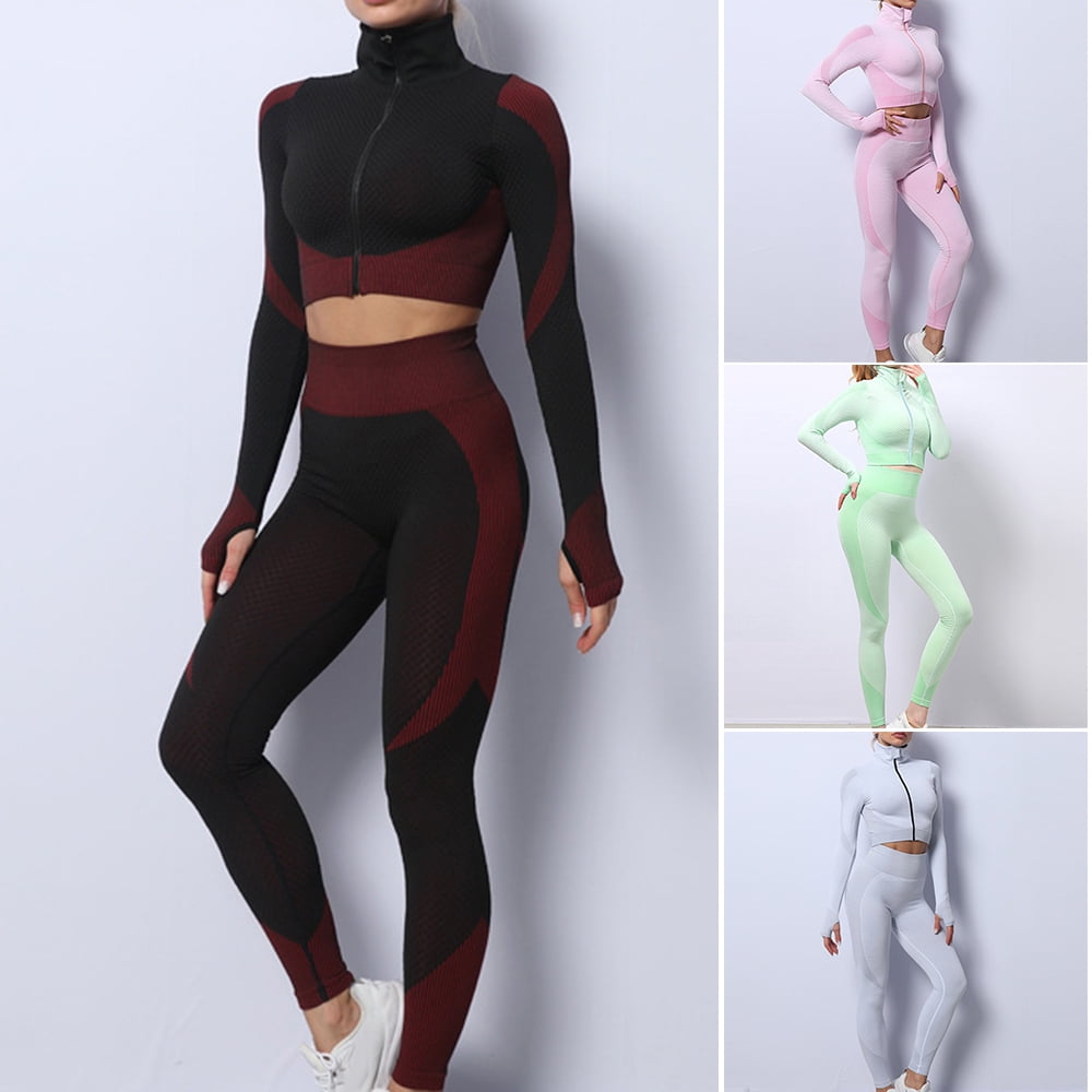 3 PCS Women's Active Wear Sets Long Sleeve Top High Waist