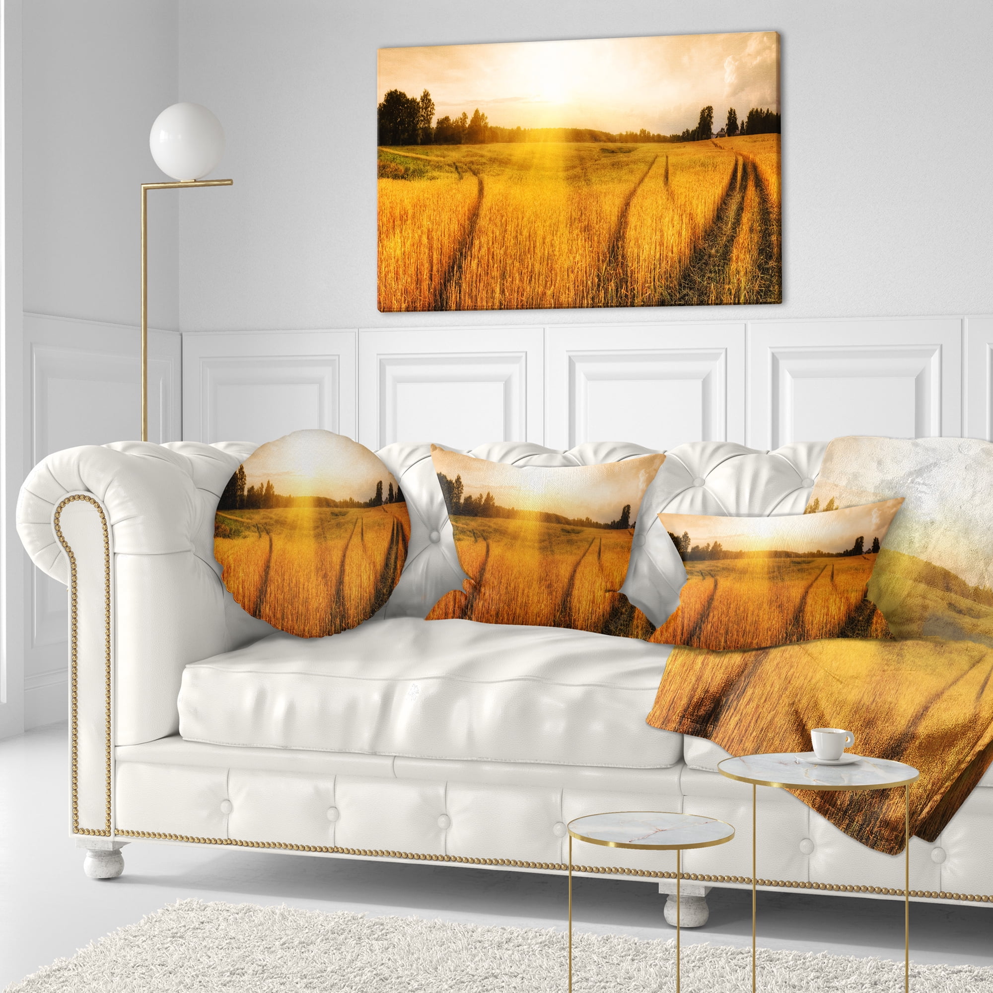 Designart Wheat Field at Sunset Panorama - Photography Throw Pillow - 12x20