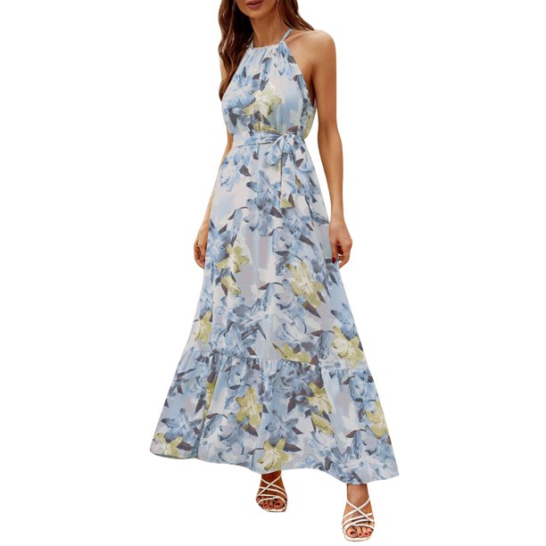 Gibobby Vestido largo de verano para mujer Vestido de verano con estampado francés y cuello redondo sin mangas con volantes y cuello halter para mujer(Azul,CH)