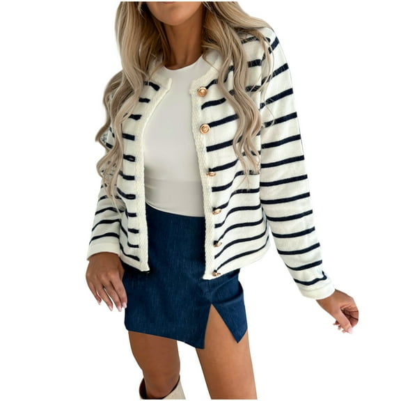 Posijego Women's Cardigan Sweater Striped Long Sleeve Button Down Open Front Jacket Casual Knit Outerwear