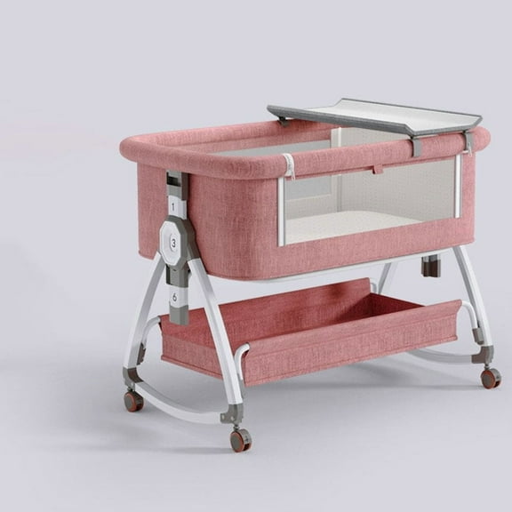 LUOLUO 4-in-1Baby Bassinet, Infant Bedside Crib with Storage Basket & Wheel & Changing Table, 6 Gear Adjustable Height, for 0-36 Months, Pink