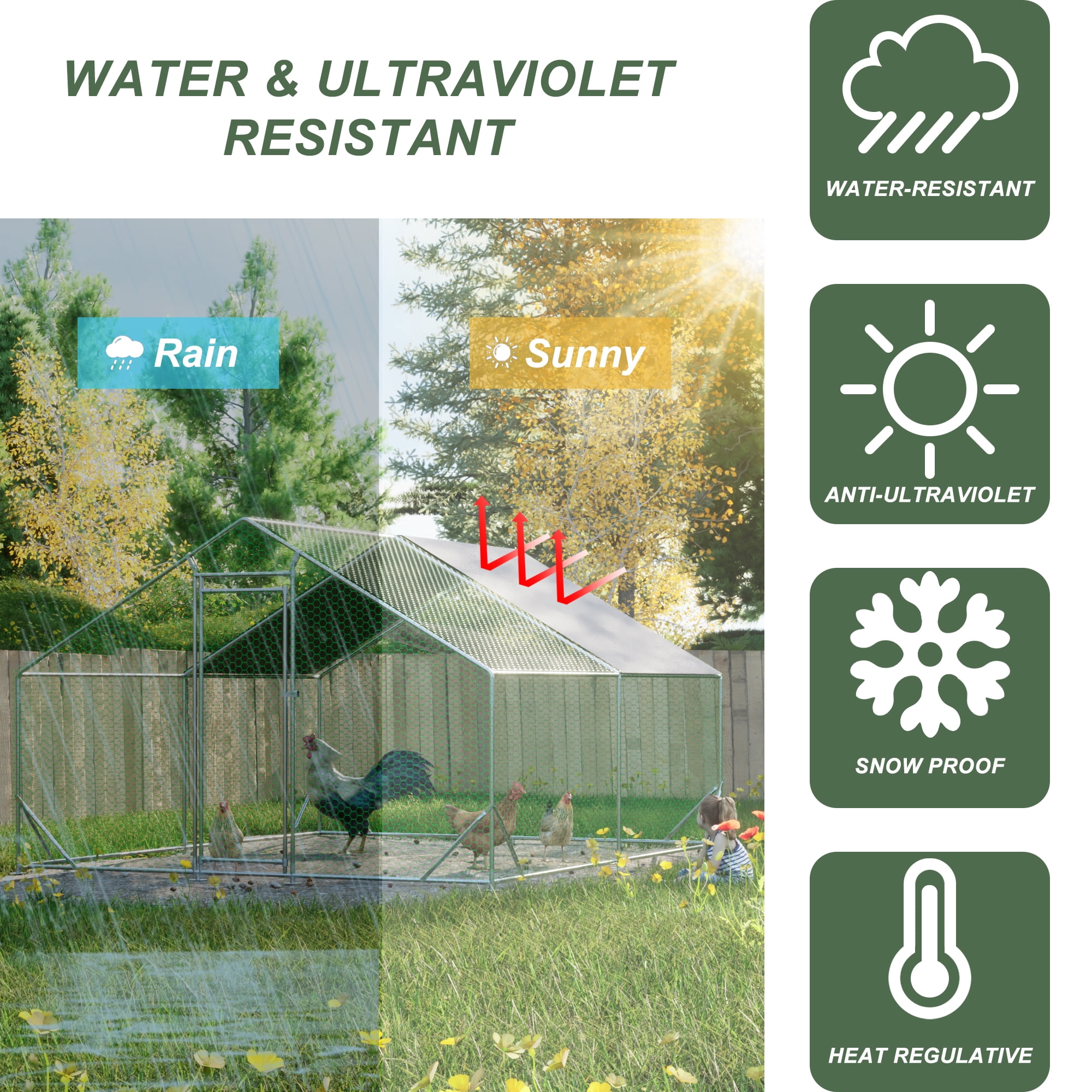 MAYEERTY 10'x13'x6.6' Metal Chicken Coop Walk-in Poultry Pen w/UV-Proof Cover for Backyard Farm