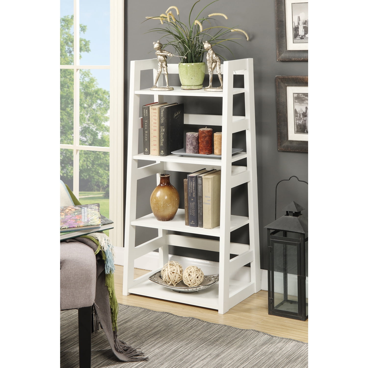 Global Glam Trestle Bookcase, 21.75-In x 14-In x 44.25-In , White Finish, 4-Tier Open Shelving, Contemporary Design, Compact Storage for Home or Office Use
