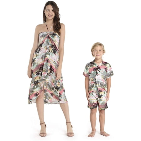 Matching Mother Son Hawaiian Luau Outfit Gypsy Dress Shirt in Lotus and Orchid main image 0