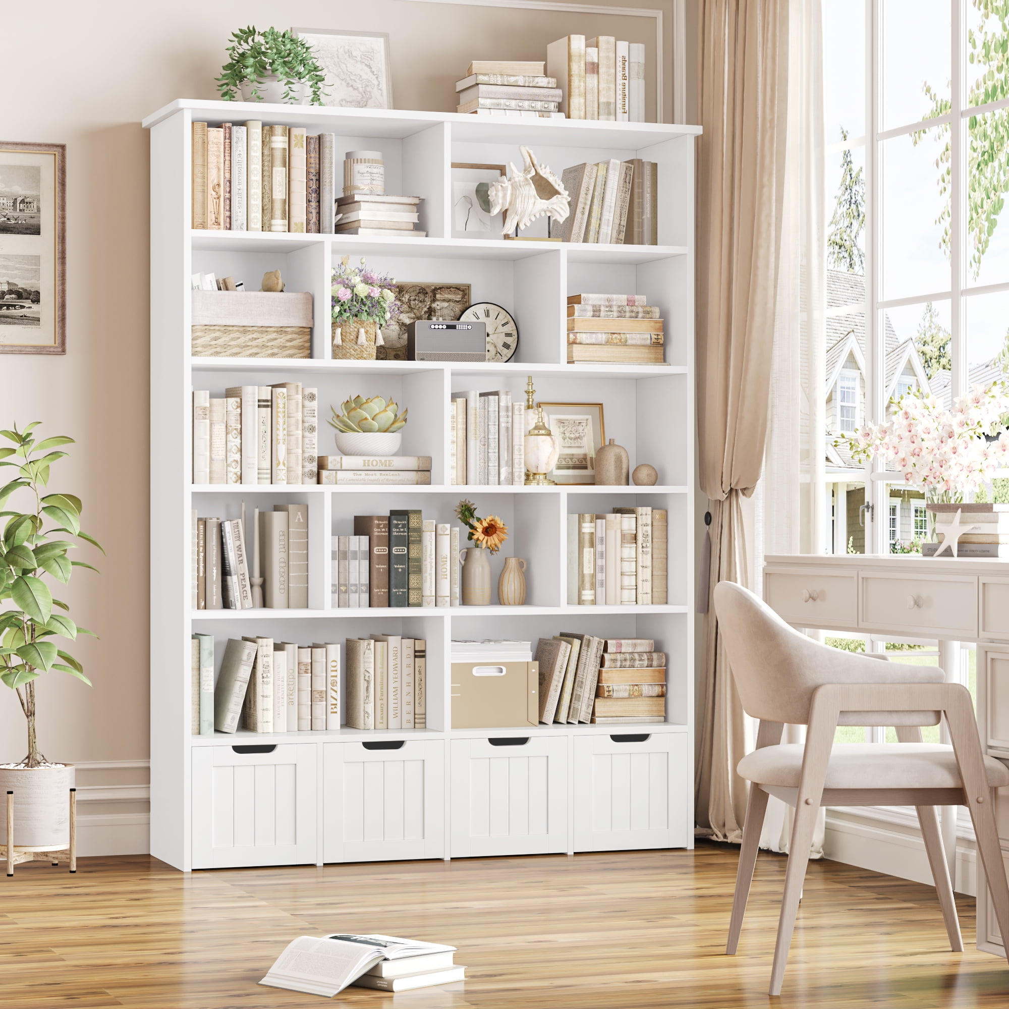 Homfa 68.9" Tall Toy Storage Organizer, 12 Storage Cubbies Bookcase with 4 Drawers for Playroom Living Room, White