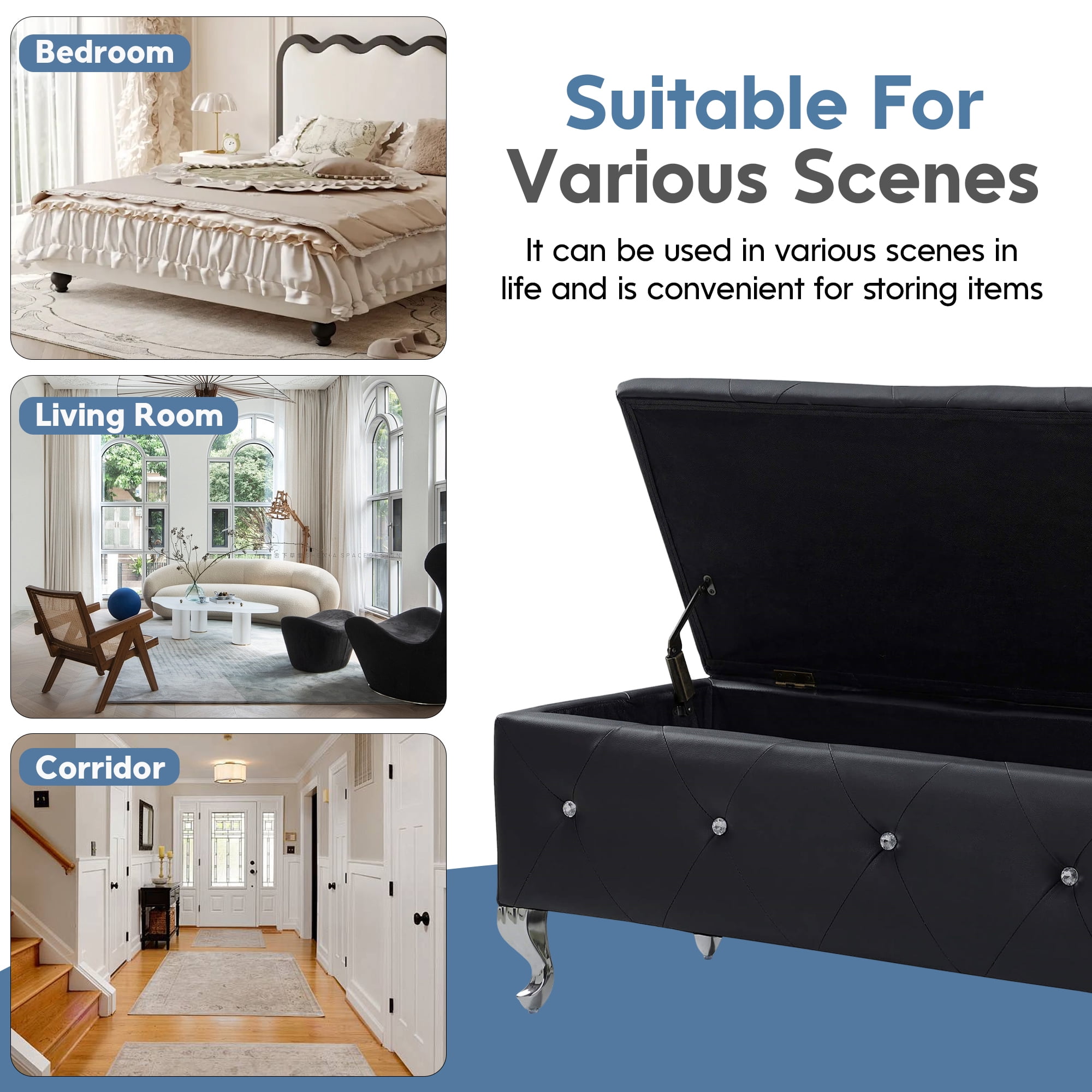 Aukfa Storage Ottoman Bench with Crystal Buttons for Bedroom,Black