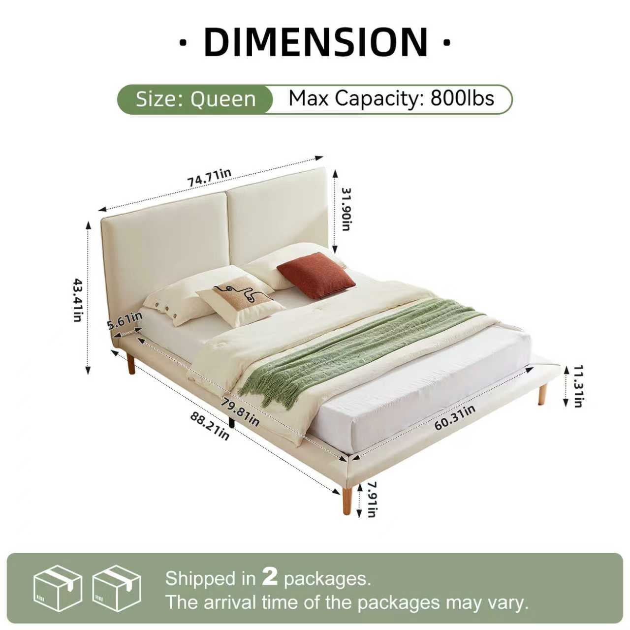 VELOCAVA Queen Size Upholstered Bed with Wood Legs, Wide Padded Headboard, Linen-Look Fabric, Beige