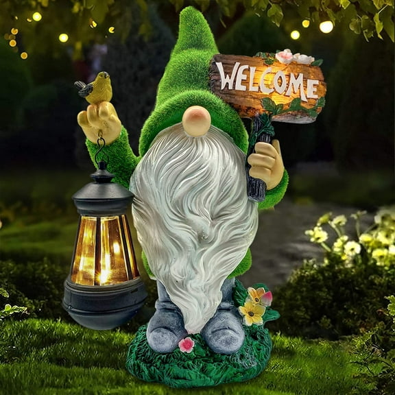 Molumo Garden Gnome Statues 14 inch Flocked Resin Gnome Figurine with Solar Lantern Welcome Sign for Garden Yard Lawn Decorations, Gifts for Housewarming/ Birthday