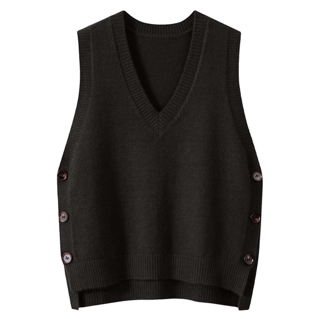 Chandail Rétro Col en V Tricoté pour Femmes Couleur Unie Décontracté Sans Manches pour Printemps Automne Saisons