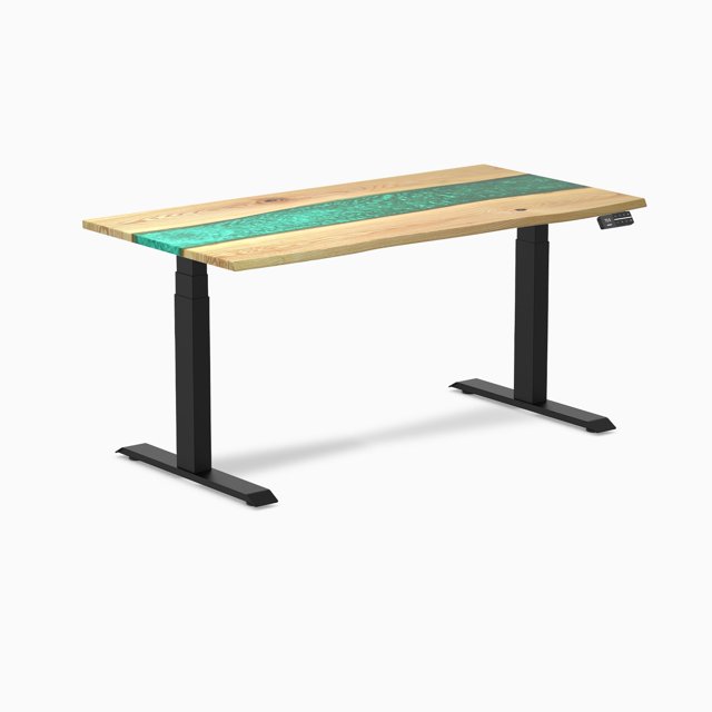 Desky Bureau Assis-Debout en Bois Dur à Résine Double - Frêne Blanc Rivière Émeraude / 60 x 30 Pouces / Noir Mat