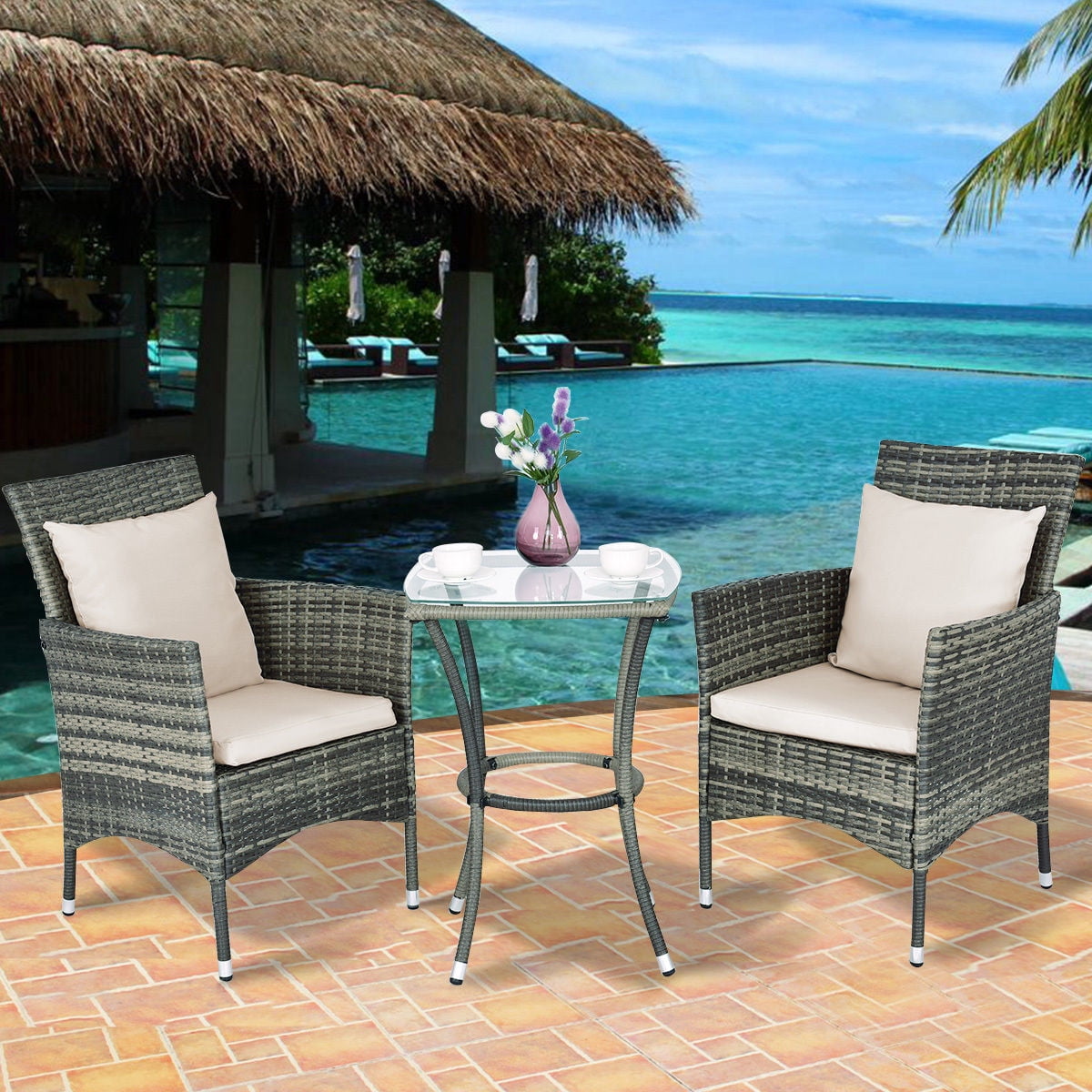 Goplus 3PCS Patio Rattan Furniture Set Chairs & Table Garden Coffee by Goplus