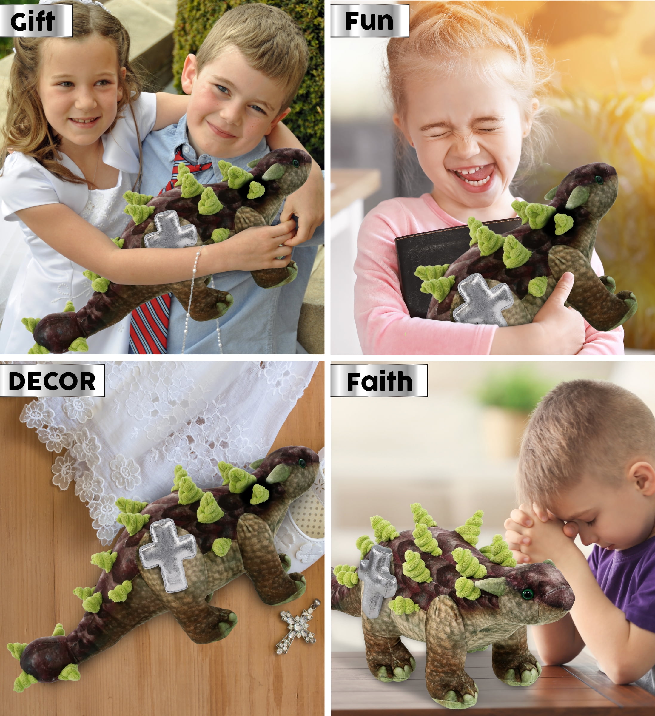 DolliBu Ankylosaurus Dinosaur Stuffed Animal with Silver Cross Plush - Religious Baptism Gifts for Boys and Girls, Dedication Christening Gifts Plush Prayer Toy Healing Stuffed Animal - 18 Inches