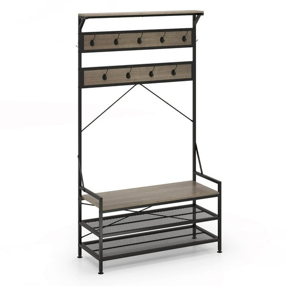 Costway Coat Rack 4-In-1 Hall Tree with 11 Hanging Hooks, Shoe Bench, 2-Tier Shoe Rack Gray