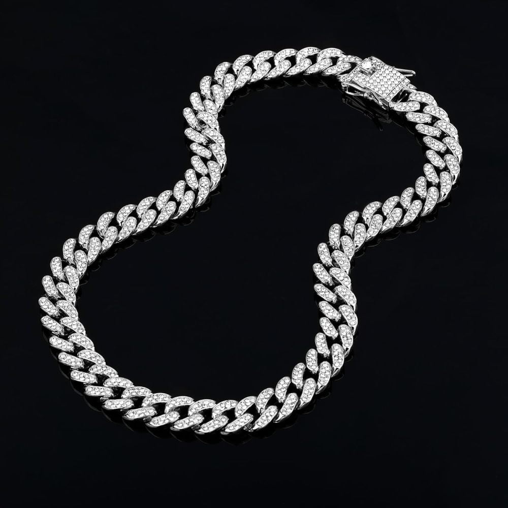 Cuban Link Chain Miami Cuban Necklace Gold/Silver Plated Diamond Cut Stainless Steel Chain for Men Women 13mm Iced Out Hip Hop Jewelry