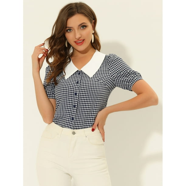 Women's Plaid Puff Sleeve Blouse Contrast Collar Button Down Shirt