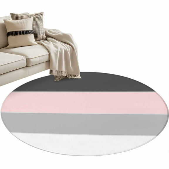 Pink Grey Striped Round Area Rug 3 FT, Small Kitchen Bathroom Mat, Farmhouse Modern Washable Indoor Outdoor Throw Runner Carpet Non-Shedding Doormat for Table Shower Sofa Entryway